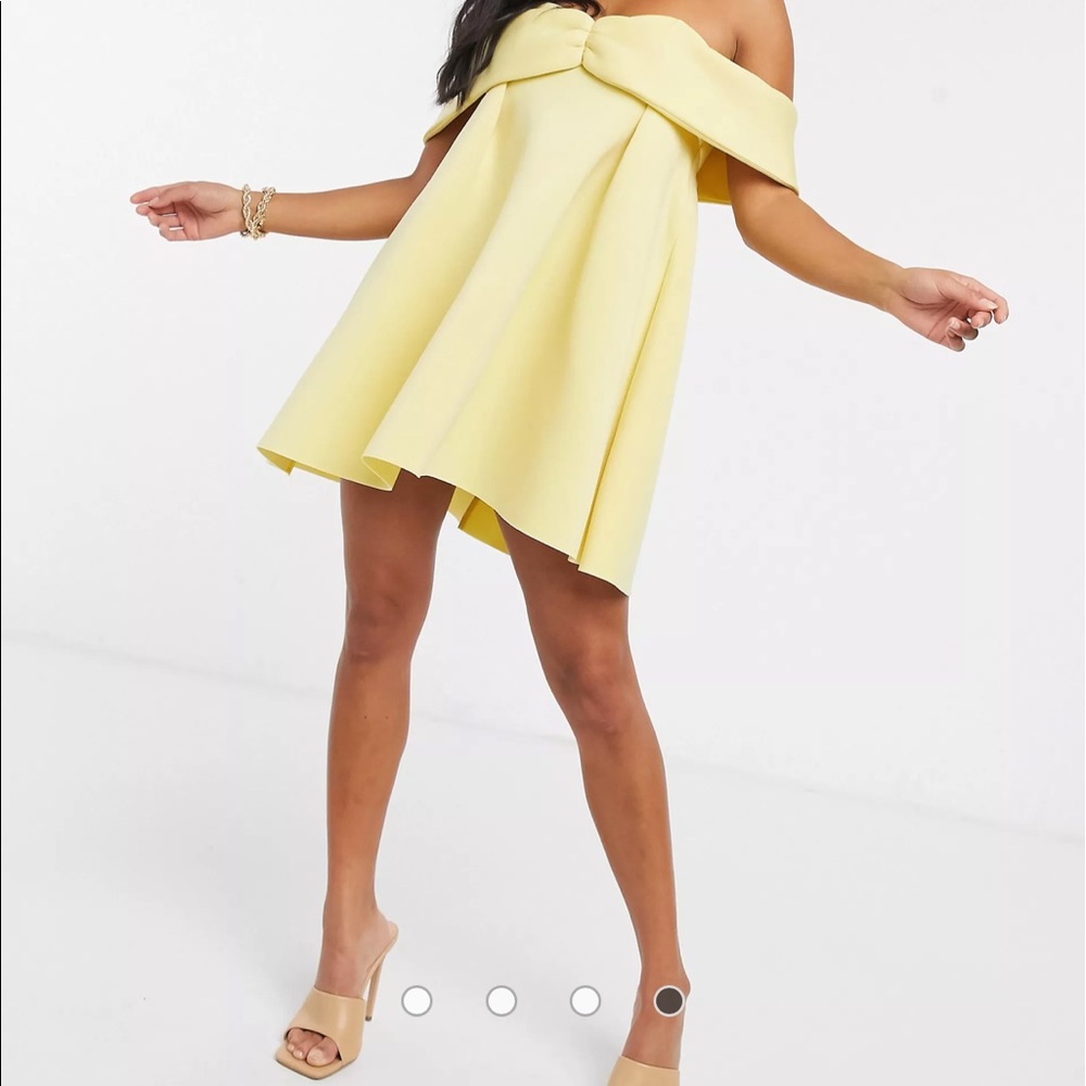 ASOS DESIGN Petite exclusive bardot baby doll mini skater dress in lemon